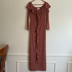 Bucketlist Large Dusty Rose Pink Long Sleeve Maxi Dress Slit Ruffle Detail Women